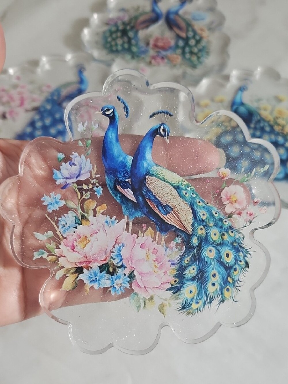 Hand Crafted Blue Peacock Floral Glass Coasters - Set of 4 - Picture 2 of 6